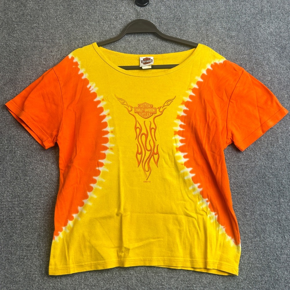 VTG Harley Davidson T-Shirt Womens XL Yellow Orange Tie Dye Biker Graphic Tee